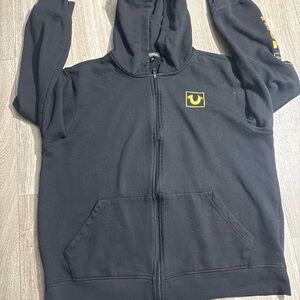 True Religion Black Zip-Up Hoodie with Yellow Logo